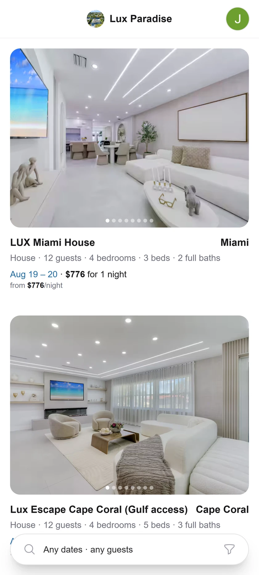 The guest app showing a host's homes, each with photos, the nights picked, and a nightly price.