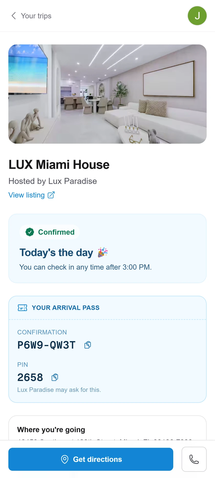 The guest app showing a confirmed stay with its arrival pass, confirmation code, PIN, and directions.