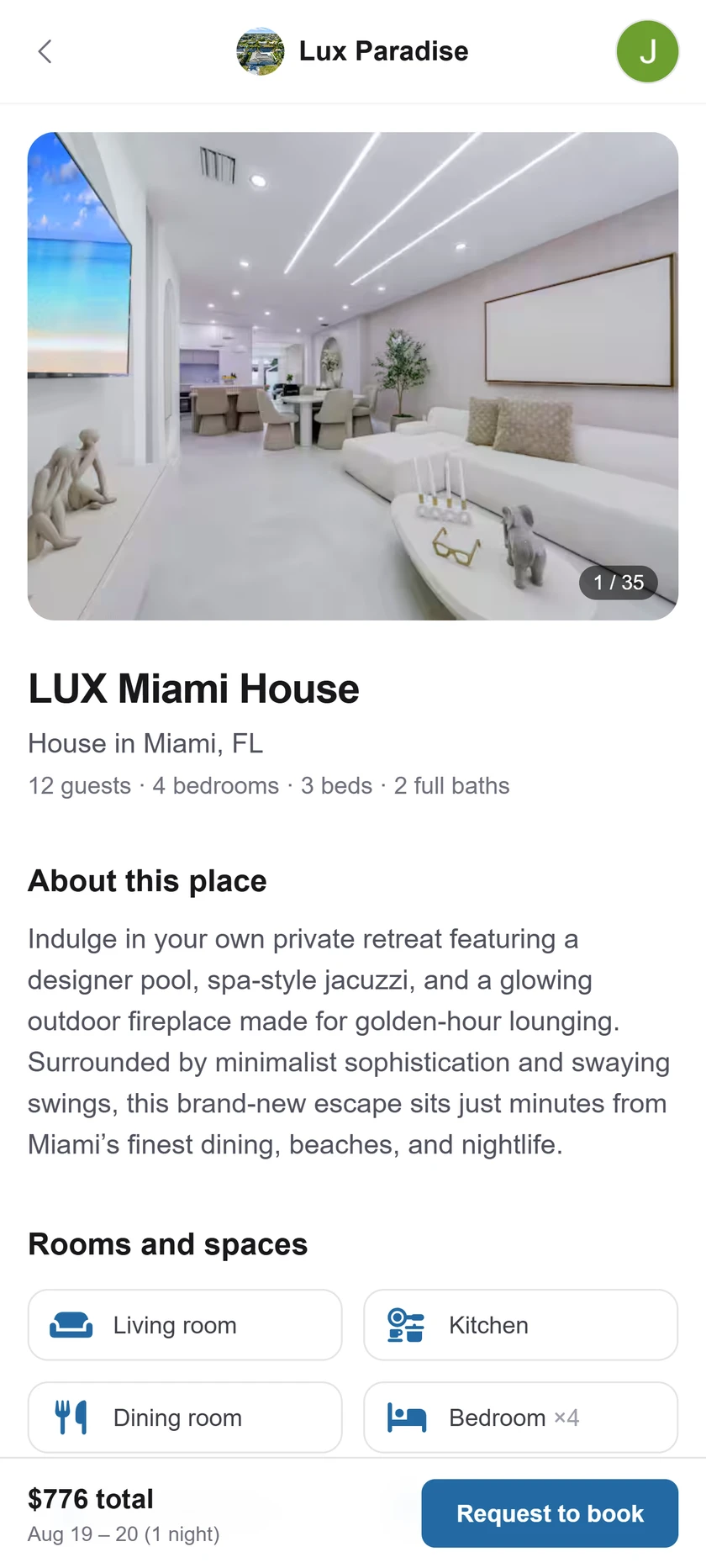The guest app showing one home's page: photos, what's inside, and a Request to book bar with the total.